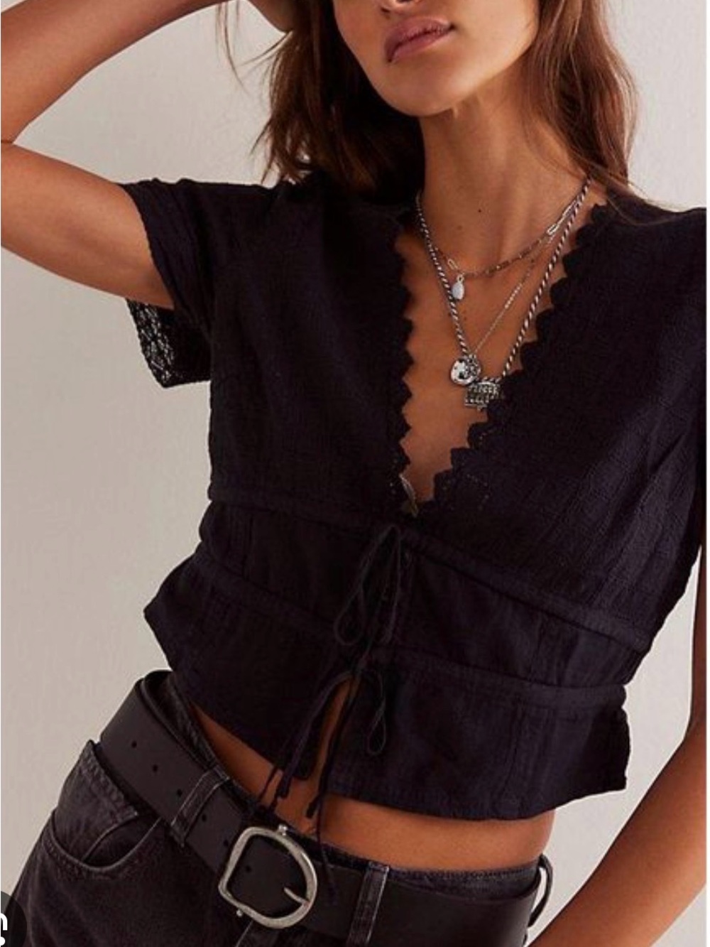 NWOT We The Free Riviera Black Scallop V-Neck Tie-Front Women's Top